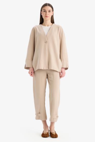 Relax Fit Basic Düz Düğmeli Keten Görünümlü Uzun Kollu Tesettür Hırka Tunik