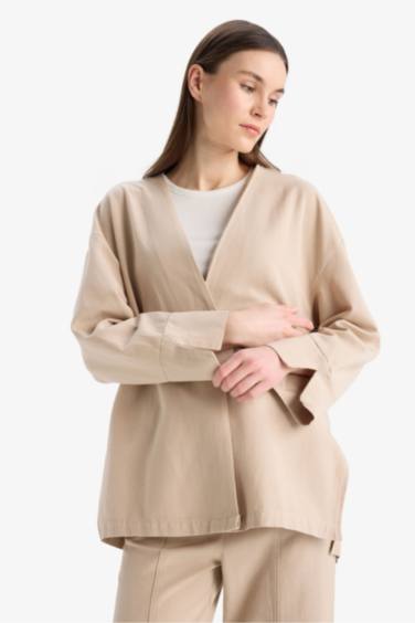 Relax Fit Basic Düz Düğmeli Keten Görünümlü Uzun Kollu Tesettür Hırka Tunik