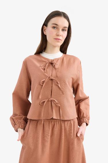 Relax Fit Önden Bağlamalı Keten Uzun Kollu Tesettür Bluz