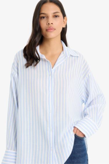 Oversize Fit Shirt Collar Voile Striped Shirt