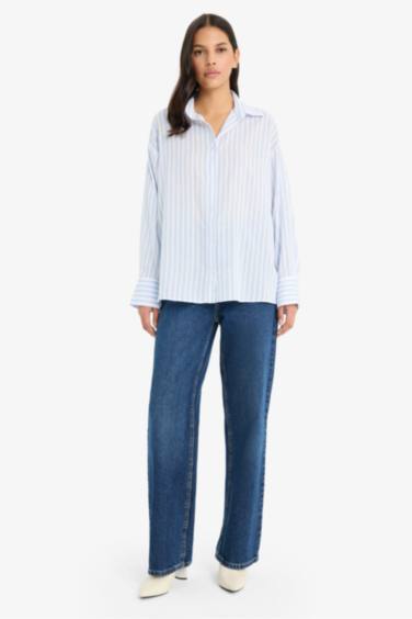 Oversize Fit Shirt Collar Voile Striped Shirt