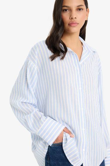Oversize Fit Shirt Collar Voile Striped Shirt