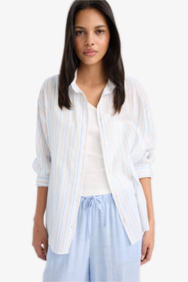 Oversize Fit Shirt Collar Voile Striped Shirt