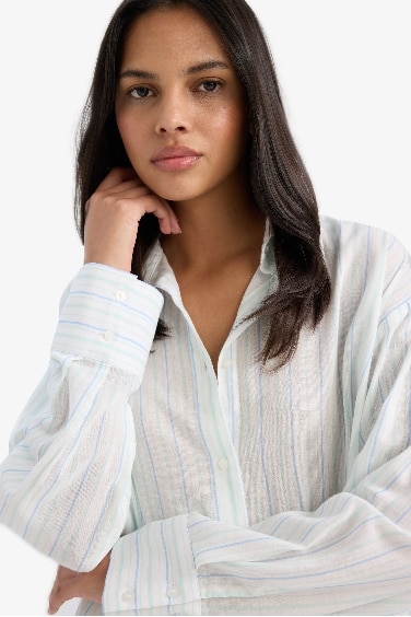 Oversize Fit Shirt Collar Voile Striped Shirt