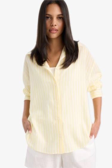 Oversize Fit Shirt Collar Voile Striped Long Sleeve Shirt
