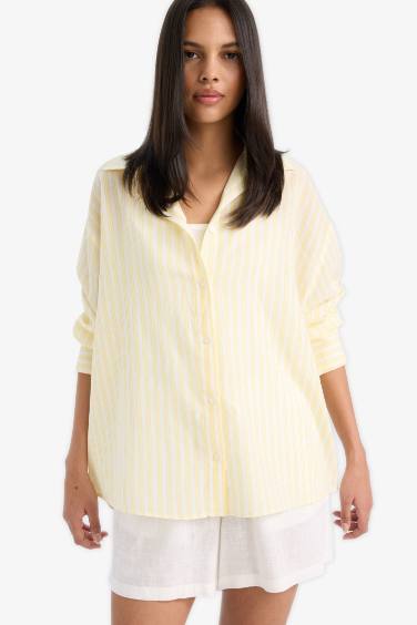 Oversize Fit Shirt Collar Voile Striped Long Sleeve Shirt