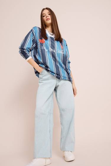 Coool Oversize Geniş Kalıp Polo Yaka Baskılı Forma Kumaşı Uzun Kollu Tişört