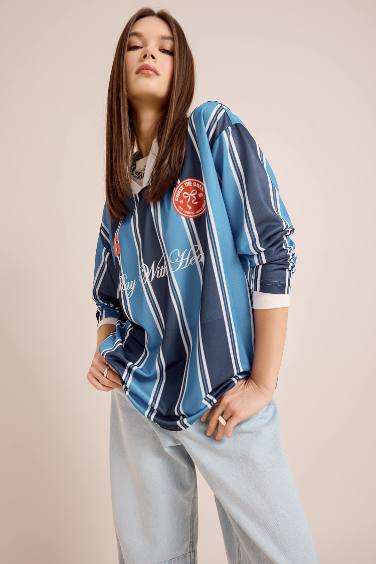 Coool Oversize Geniş Kalıp Polo Yaka Baskılı Forma Kumaşı Uzun Kollu Tişört