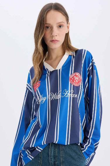 Coool Oversize Geniş Kalıp Polo Yaka Baskılı Forma Kumaşı Uzun Kollu Tişört