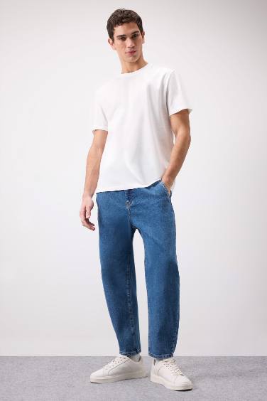 %100 Pamuk Relaxed Slouchy Fit Rahat Kesim Düz Paça Jean Yıkamalı Pantolon
