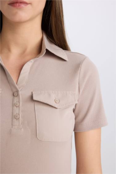 Slım Fıt Fitilli Kaşkorse Kısa Kollu Polo Tişört - Görsel 5