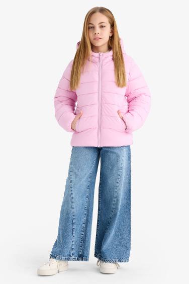 Girl Waterproof Hooded Zippered Puffer Jacket