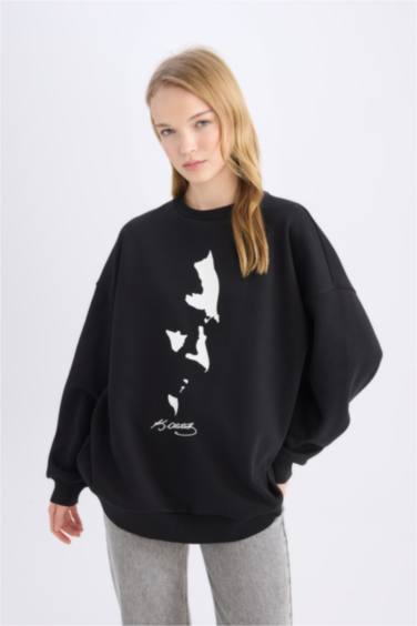 Oversize Geniş Kalıp Bisiklet Yaka Atatürk Baskılı Sweatshirt