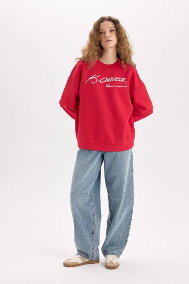 Oversize Geniş Kalıp Atatürk İmzalı Bisiklet Yaka Sweatshirt