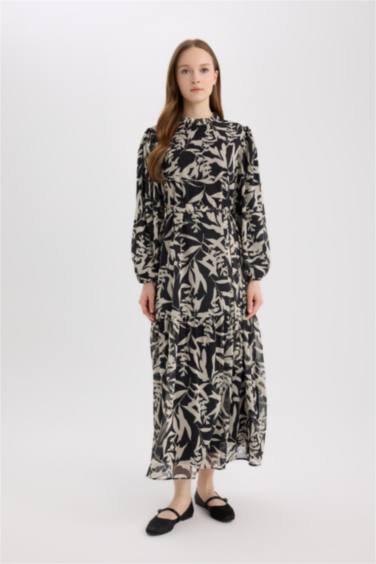 Bisiklet Yaka Desenli Şifon Uzun Kollu Maxi Elbise