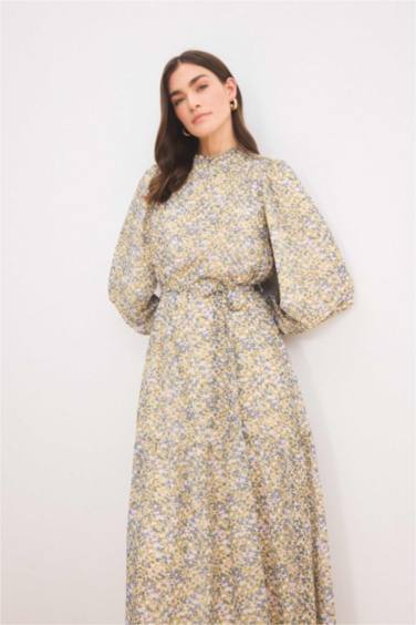 Bisiklet Yaka Desenli Kuşaklı Şifon Uzun Kollu Maxi Elbise