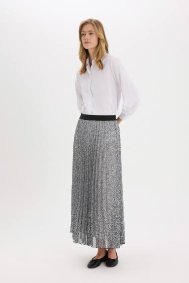 Pleat Printed Chiffon Maxi Skirt