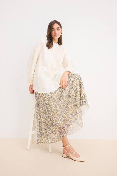 Pleat Printed Chiffon Maxi Skirt