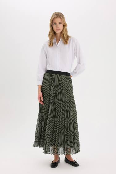 Pleat Printed Chiffon Maxi Skirt