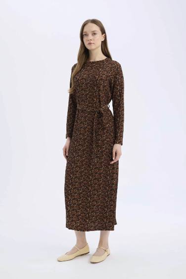 Regular Fit Crew Neck Patterned Crepe Maxi Dress