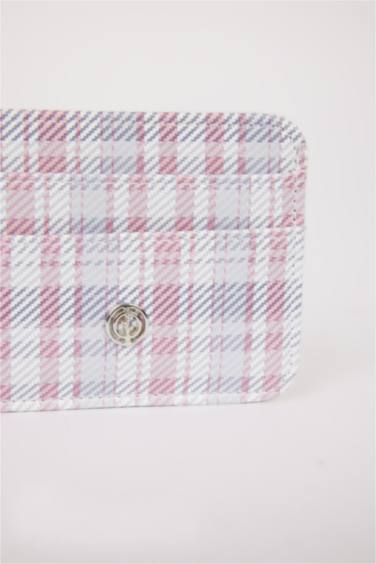 Woman Plaid Faux Leather Business Card Wallet