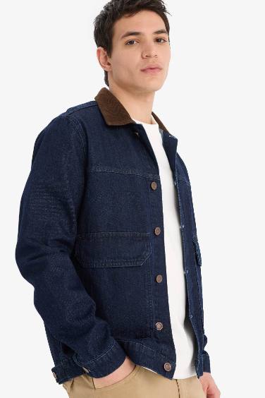 %100 Pamuk Slim Fit Dar Kesim Kontrast Yakalı Mevsimlik Baharlık Denim Ceket