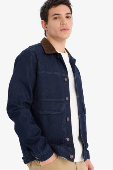 %100 Pamuk Slim Fit Dar Kesim Kontrast Yakalı Mevsimlik Baharlık Denim Ceket