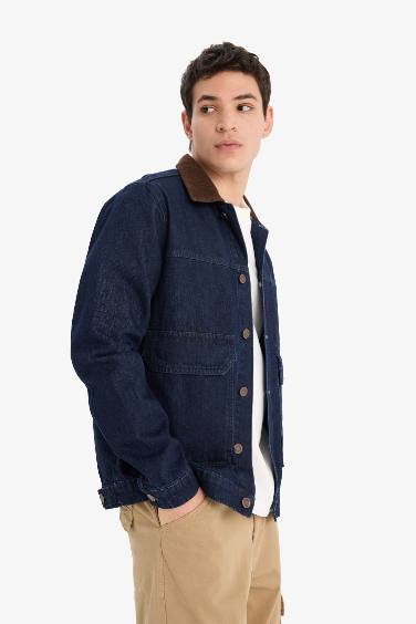 %100 Pamuk Slim Fit Dar Kesim Kontrast Yakalı Mevsimlik Baharlık Denim Ceket