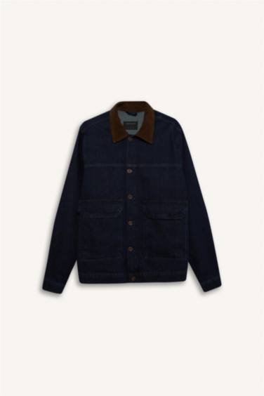 %100 Pamuk Slim Fit Dar Kesim Kontrast Yakalı Mevsimlik Baharlık Denim Ceket