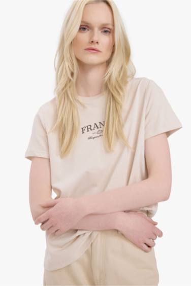 Relax Fit Crew Neck Slogan Printed Cotton Short Sleeve T-Shirt