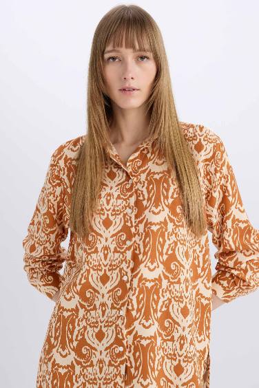 Oversize Fit Shirt Collar Printed Long Sleeve Tunic