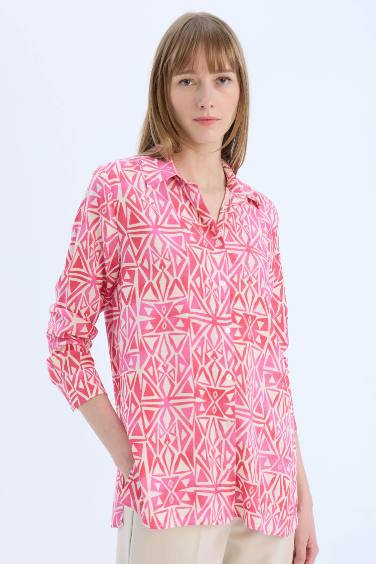 Oversize Fit Shirt Collar Printed Long Sleeve Tunic