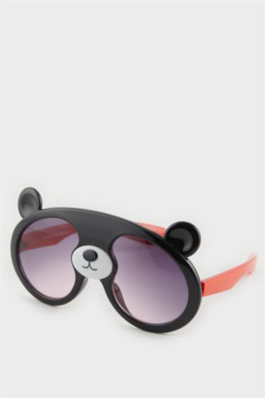 Lunettes de soleil rondes cadre en plastique noir motif ourson pour garçon