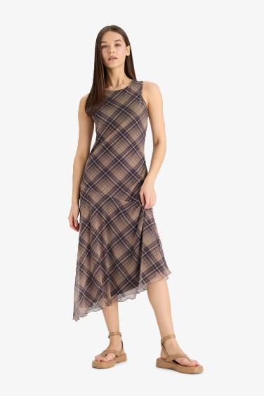 Asymmetrical Boat Neck Plaid Tulle Midi Dress