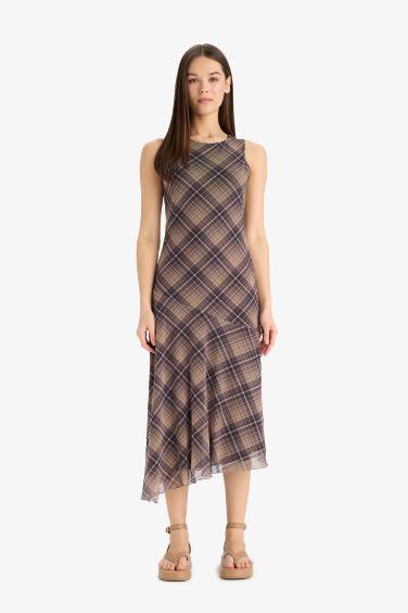 Asymmetrical Boat Neck Plaid Tulle Midi Dress