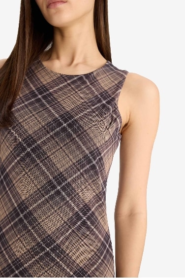 Asymmetrical Boat Neck Plaid Tulle Midi Dress