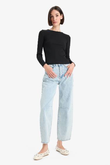 Slim Fit Dar Kesim Basic Düz Fitilli Kaşkorse Uzun Kollu Tişört