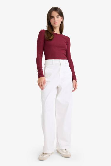 Slim Fit Dar Kesim Basic Düz Fitilli Kaşkorse Uzun Kollu Tişört