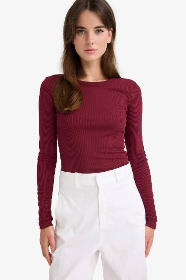 Slim Fit Dar Kesim Basic Düz Fitilli Kaşkorse Uzun Kollu Tişört