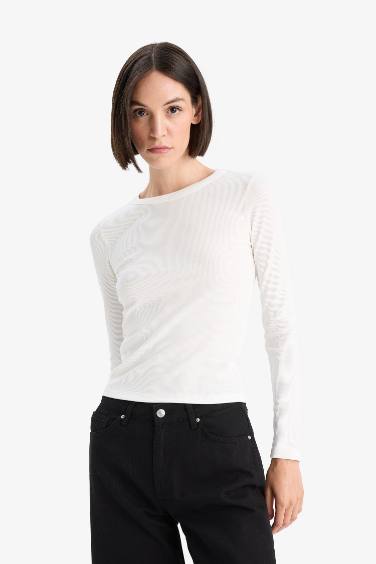 Slim Fit Dar Kesim Basic Düz Fitilli Kaşkorse Uzun Kollu Tişört