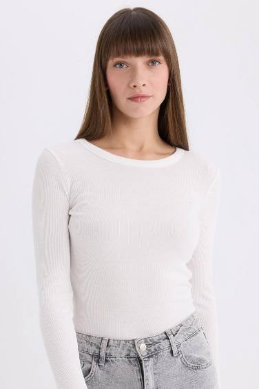 Slim Fit Dar Kesim Bisiklet Yaka Basic Düz Fitilli Kaşkorse Uzun Kollu Tişört