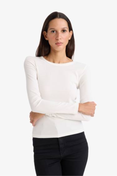 تيشيرت ردن طويل سادة بيزك مضلع سليم فيت