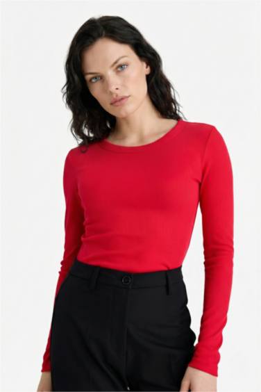 Slim Fit Dar Kesim Basic Düz Fitilli Kaşkorse Uzun Kollu Tişört