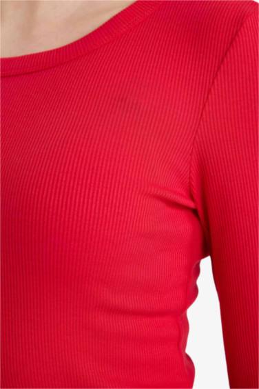 Slim Fit Dar Kesim Basic Düz Fitilli Kaşkorse Uzun Kollu Tişört