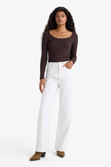 Slim Fit Dar Kesim Yuvarlak Yaka Basic Düz Fitilli Kaşkorse Uzun Kollu Tişört