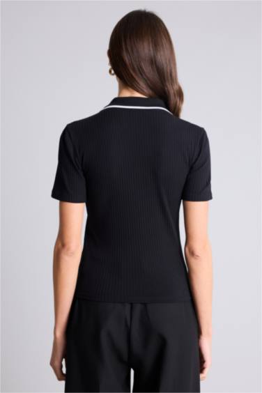 Slım Fıt Polo Yaka Fitilli Kaşkorse Tişört - Görsel 5