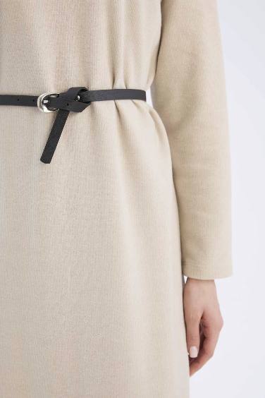 فستان طويل محاك كم طويل قصة عادية بحزام