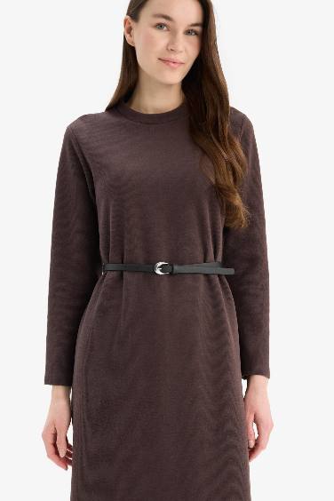Regular Fit Crew Neck Basic Belted Long Sleeve Midi Dress