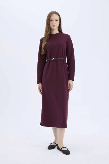 Regular Fit Crew Neck Belted Selanik Fabric Maxi Dress