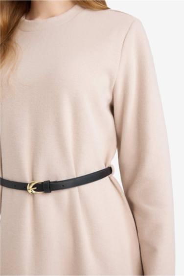 Regular Fit Bisiklet Yaka Basic Düz Kemerli Uzun Kollu Selanik Kumaş Midi Elbise